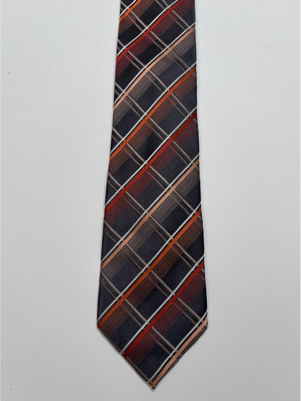 Alfani 100% Silk Tie In Orange And Grey Plaid - Picture 2 of 3